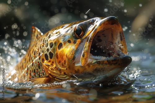 A hyper-realistic image of a trout with pronounced scales, gills, and eyes amidst splashing water photo