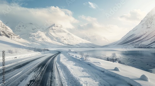 Road through snowy mountains and lake photo