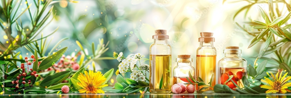 Glass bottles filled with plant oils and extracts are displayed against a background of vibrant green foliage. Generative AI Glass bottles filled with plant oils and extracts are displayed against a background of vibrant green foliage. Generative AI