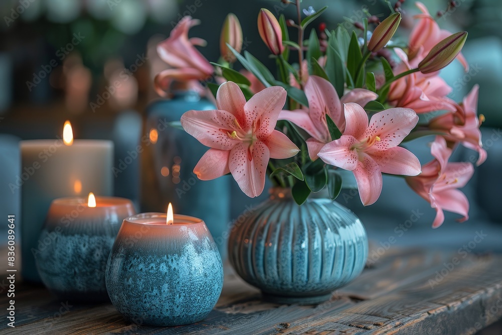 Picture of pink lilies in full bloom accompanied by glowing candles on a rustic wooden table Picture of pink lilies in full bloom accompanied by glowing candles on a rustic wooden table