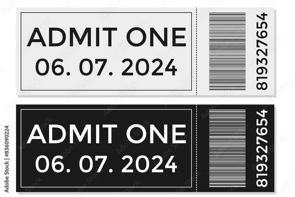 Black and white admit one tickets with data Black and white admit one tickets with data
