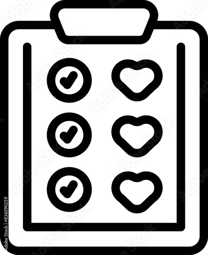 Minimalistic black and white heart icon design with checklist, clipboard, and checkmark for organizing and planning romantic relationships and valentine's day preferences