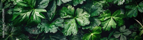 Close-up of lush green leaves with dew drops, creating a fresh and vibrant natural scene perfect for backgrounds and environmental themes.