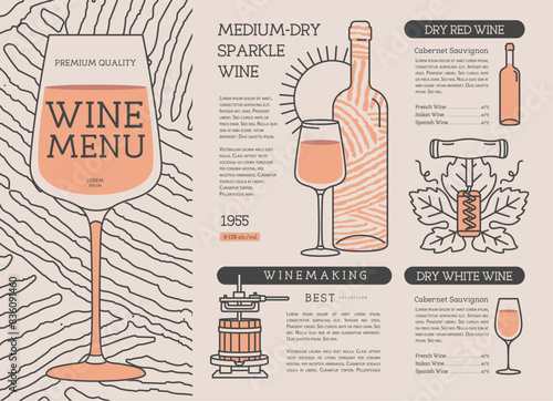 Restaurant wine menu design. Line art modern vector illustration