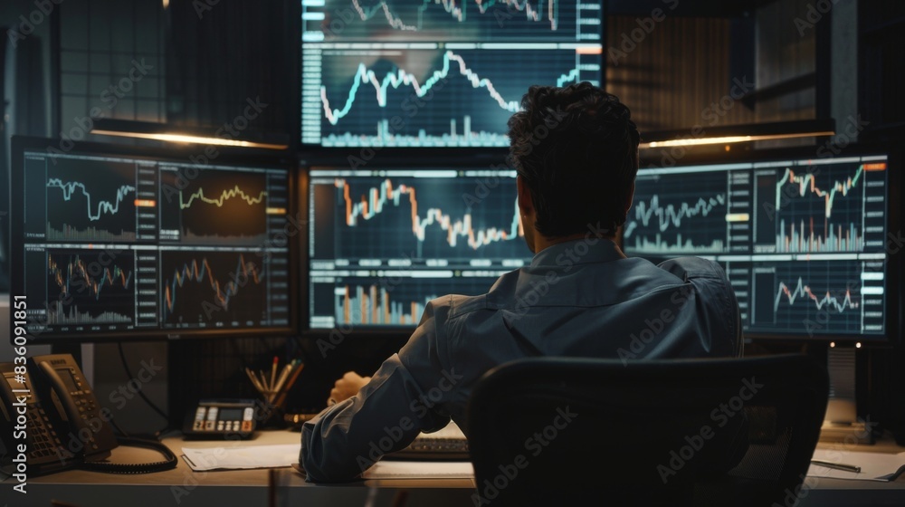 An investor analyzing gold price graphs and charts on multiple screens, tracking market dynamics and adjusting investment strategies accordingly. An investor analyzing gold price graphs and charts on multiple screens, tracking market dynamics and adjusting investment strategies accordingly.