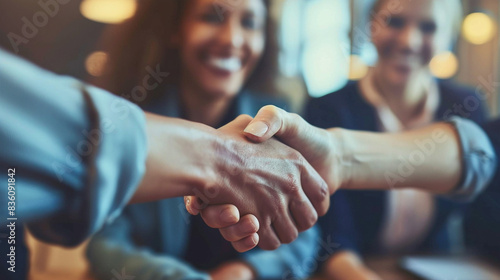 Female Business Leader Initiating A Handshake In A Successful Meeting, Symbolizing Partnership And Collaboration In A Diverse Office Environment. Potential Use: Corporate Branding, Diversity And  photo