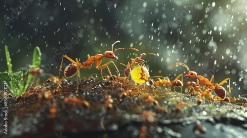 Ants carrying eggs and larvae to safety during a rainstorm, exemplifying their instinctual nurturing behavior and dedication to their colony. photo