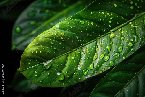 Close-up of vibrant green leaf with water droplets, showcasing nature's freshness and beauty. Perfect for eco-friendly, botanical, and wellness themes.