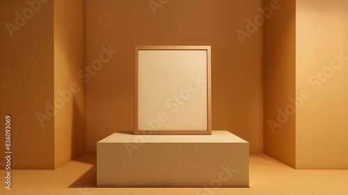 Minimalist Product Display with Frame, Platform, and Orange Background © xxom.o