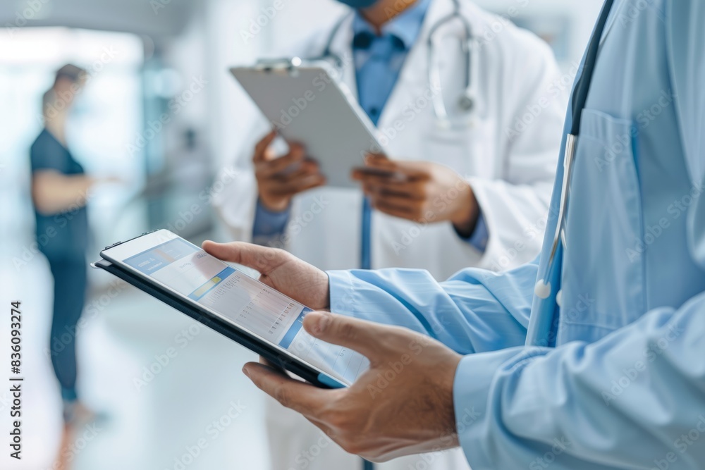 The picture shows a medical team discussing a patient's treatment plan on a digital tablet in a hospital. The picture shows a medical team discussing a patient's treatment plan on a digital tablet in a hospital.