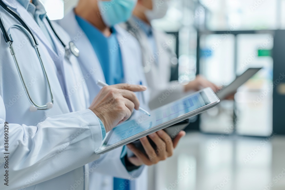 The picture shows a medical team discussing a patient's treatment plan on a digital tablet in a hospital. The picture shows a medical team discussing a patient's treatment plan on a digital tablet in a hospital.