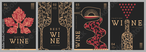 Set of modern line art magazine covers or posters with wine bottles, glasses and abstract texture. Restaurant menu design. Vector illustration