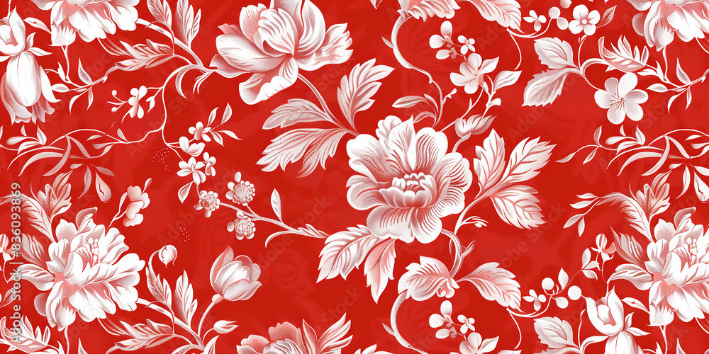 A red background with white and pink floral patterns.
A red background with white and pink floral patterns.