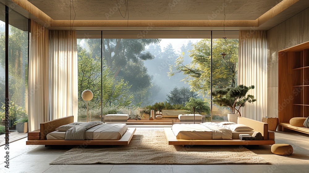 Panoramic view of the modern minimalist bedroom, accentuated by two thick chenille curtains hanging from the large windows Panoramic view of the modern minimalist bedroom, accentuated by two thick chenille curtains hanging from the large windows
