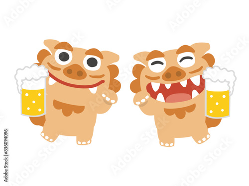 沖縄　ビールジョッキを持つシーサーのイラスト