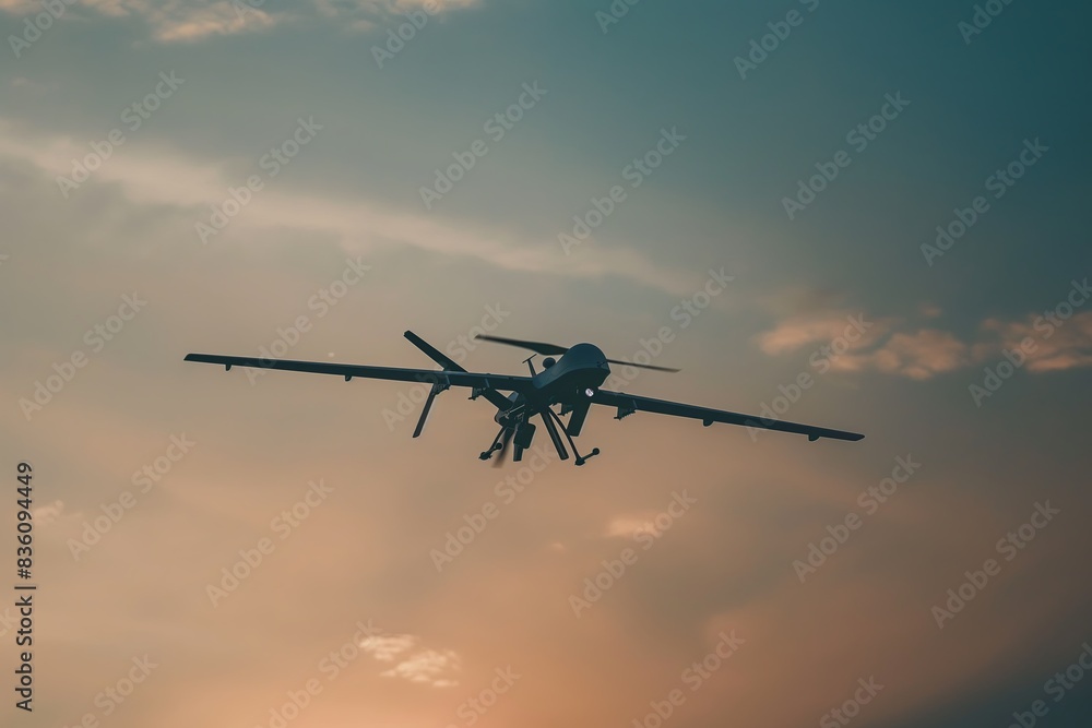 Reconnaissance drone is seen flying high in the sky against a backdrop of a colorful sunset Reconnaissance drone is seen flying high in the sky against a backdrop of a colorful sunset