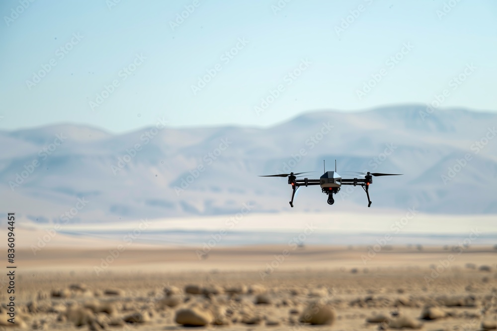 Reconnaissance ddrone flies over a desert landscape, with mountains in the background Reconnaissance ddrone flies over a desert landscape, with mountains in the background