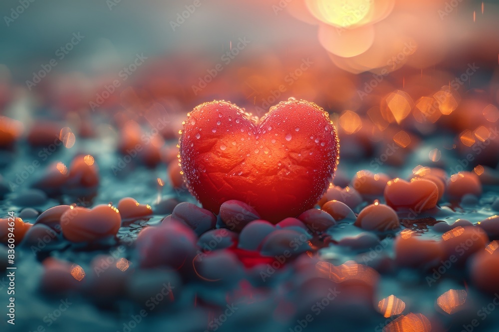 A single red heart glowing among many smaller hearts on wet surface A single red heart glowing among many smaller hearts on wet surface