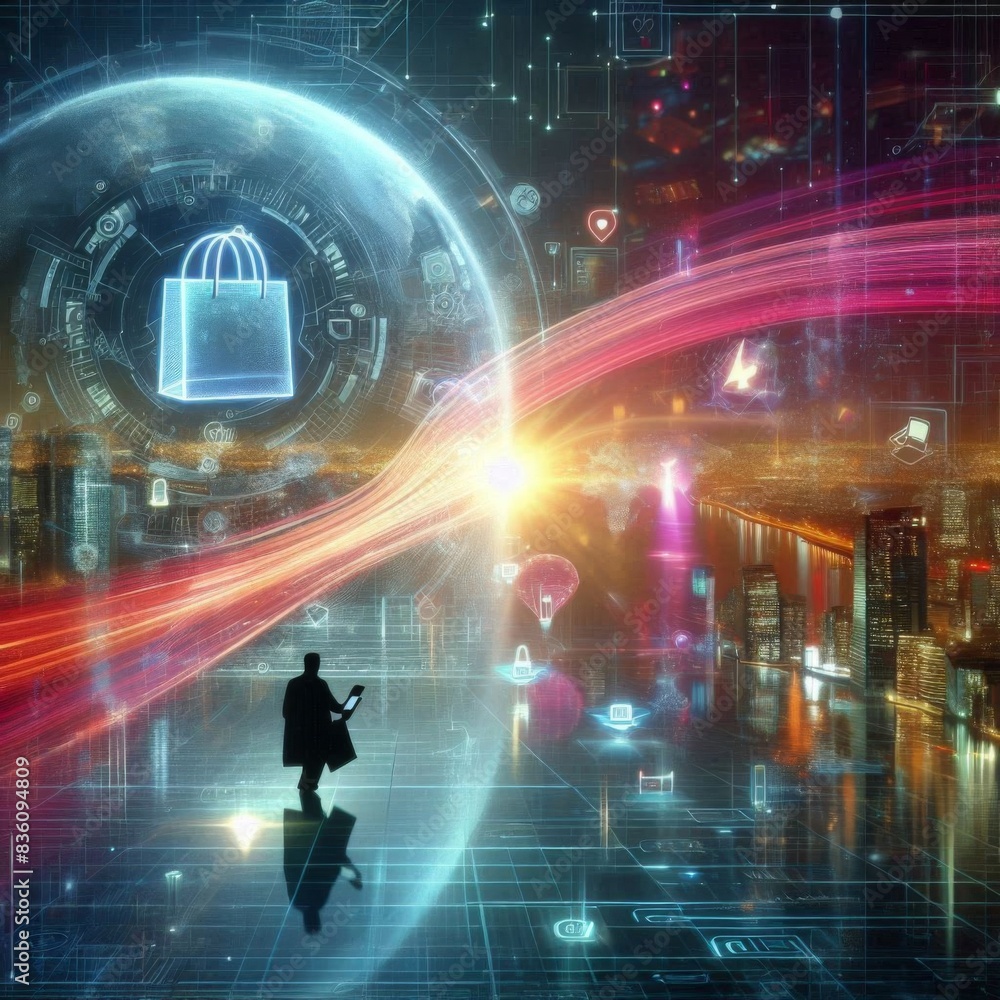 Fototapeta premium A digital landscape showing a stream of data leading to a virtual shopping bag, online shopping, dynamic and dramatic compositions, with copy space, including a silhouette of a person browsing on thei