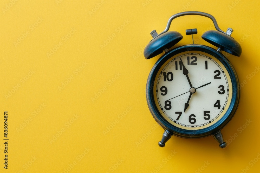 Blue alarm clock on a yellow background Blue alarm clock on a yellow background