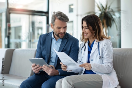 Pharmaceutical sales representative talking with doctor in medical building.  Ambitious male sales representative  presenting new medication on tablet.