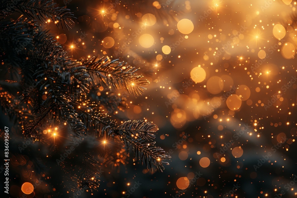 Festive sparkling lights enhance the frosty pine branches, evoking a warm, holiday atmosphere Festive sparkling lights enhance the frosty pine branches, evoking a warm, holiday atmosphere