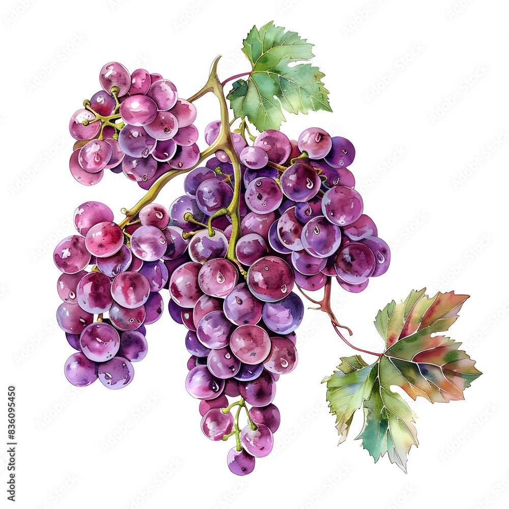 Ripe Purple Grape Clusters on Vine with Green Leaves,Closeup Shot on White Background Ripe Purple Grape Clusters on Vine with Green Leaves,Closeup Shot on White Background