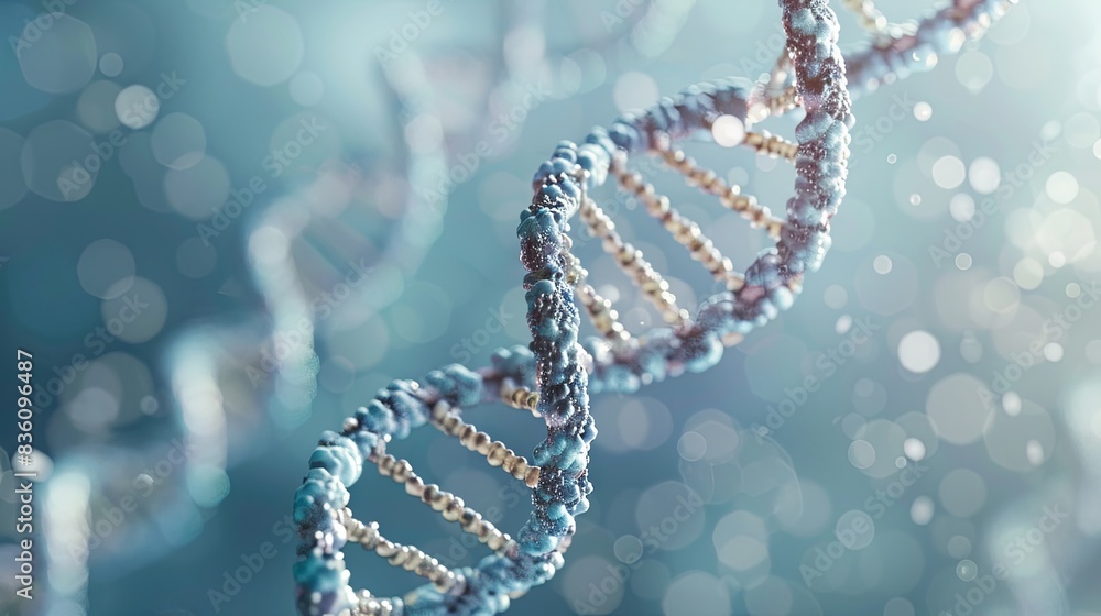 The DNA helix is rendered in the style of modern 3D computer graphics with photorealistic lighting and textures. The DNA helix is rendered in the style of modern 3D computer graphics with photorealistic lighting and textures.