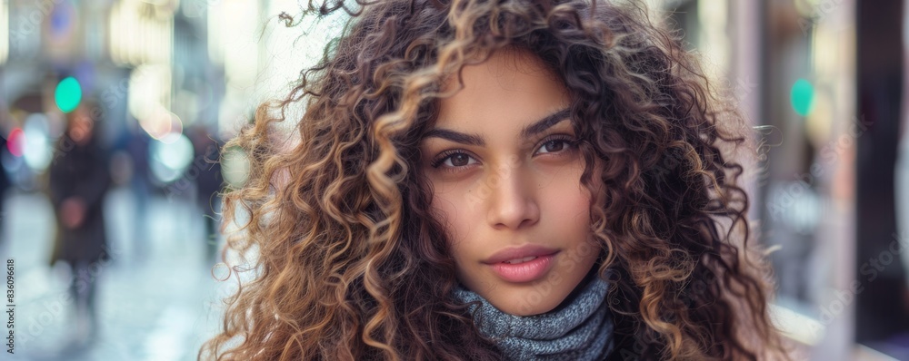 Confident urban woman with stunning curls on city street Confident urban woman with stunning curls on city street