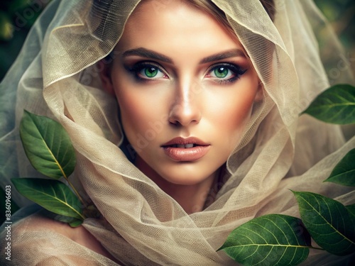 Woman with green eyes and leaves