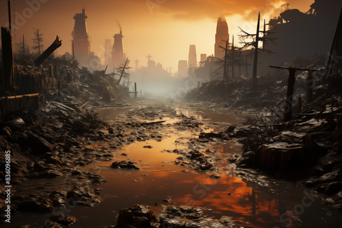Marvel at the Ethereal Beauty of a Ruined City Bathed in the Golden Hues of a Picturesque Sunset - A Serene Yet Haunting Scene that Captures the Essence of Time's Passage