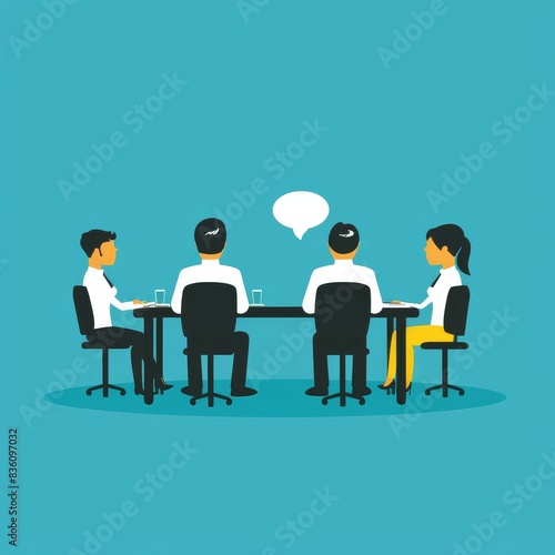 A group of people sit at a table at a business meeting or meeting, with multi-colored clouds above them, symbolizing thoughts or ideas. Concept: brainstorming, creativity, exchange of ideas, business 