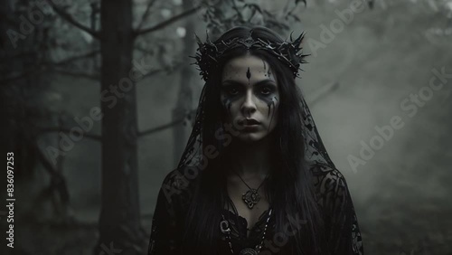 woman with a somber expression, dressed in dark, gothic attire, standing in a misty forest