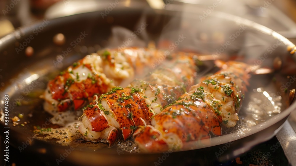 Lobster tails being in garlic butter in a hot skillet, with aromatic steam rising as the meat cooks to tender perfection. Lobster tails being in garlic butter in a hot skillet, with aromatic steam rising as the meat cooks to tender perfection.