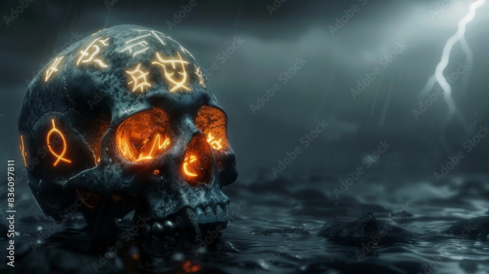 A mystical glowing skull with ancient symbols, set against a stormy night backdrop, creating an eerie and supernatural atmosphere.
