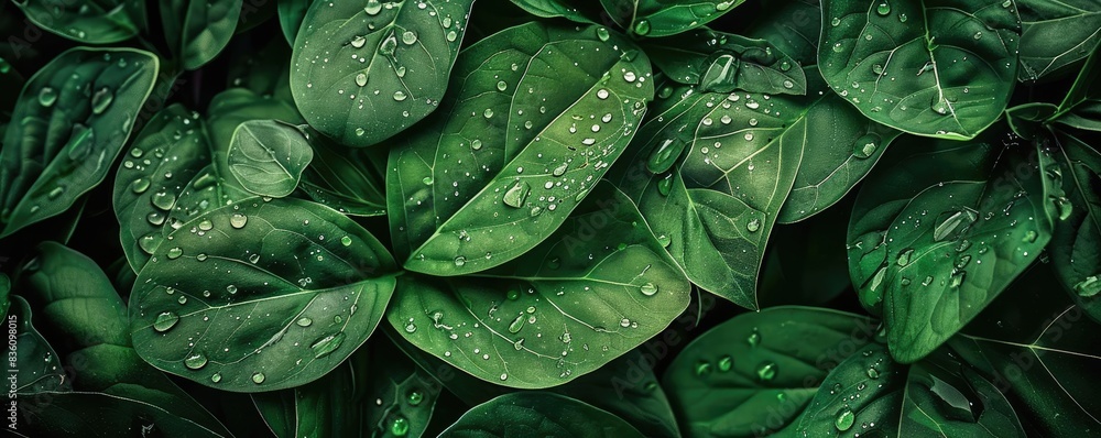 Close-up of lush green leaves with water droplets, showcasing natural freshness and beauty. Perfect nature background or botanical texture. Close-up of lush green leaves with water droplets, showcasing natural freshness and beauty. Perfect nature background or botanical texture.