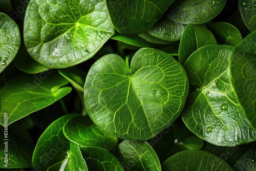 Close-up of vibrant green leaves with detailed veins, showcasing natural texture and fresh dew drops, perfect for nature background or botanical themes.