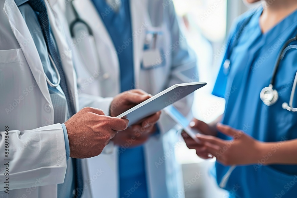 The picture shows a medical team discussing a patient's treatment plan on a digital tablet in a hospital. The picture shows a medical team discussing a patient's treatment plan on a digital tablet in a hospital.