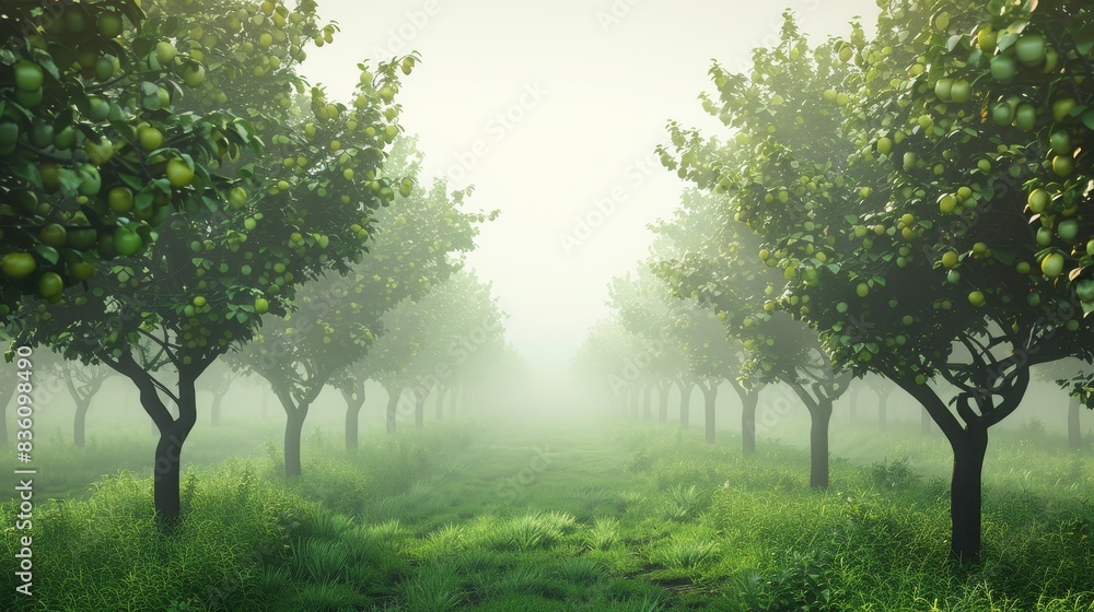 A forest of trees with a foggy mist in the background A forest of trees with a foggy mist in the background
