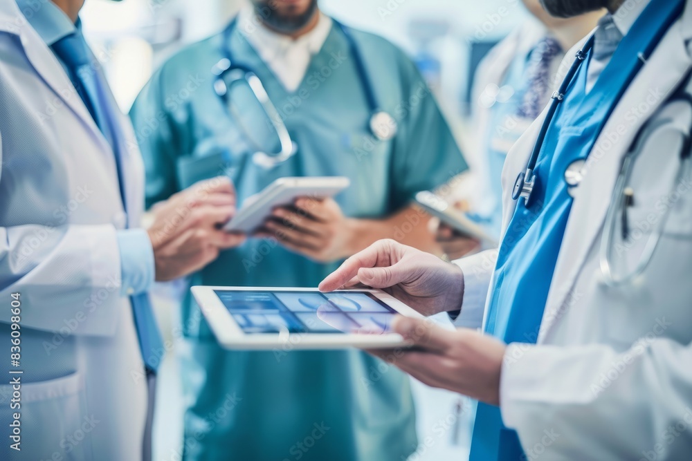 The picture shows a medical team discussing a patient's treatment plan on a digital tablet in a hospital. The picture shows a medical team discussing a patient's treatment plan on a digital tablet in a hospital.