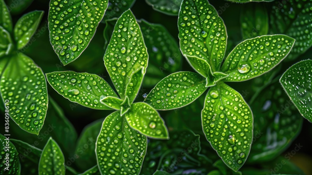 Close-up of lush green leaves covered in fresh morning dew, showcasing the intricate details of nature's beauty and the essence of freshness. Close-up of lush green leaves covered in fresh morning dew, showcasing the intricate details of nature's beauty and the essence of freshness.