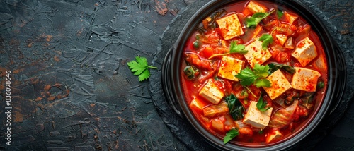 Close-up of a bowl of tofu and vegetable stew.