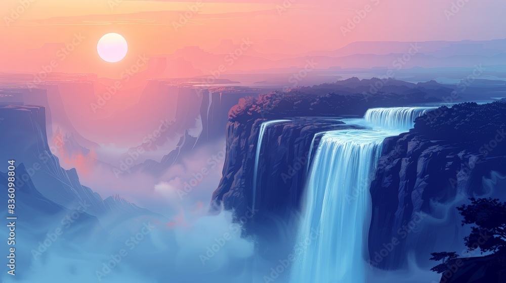 An illustration of a waterfall at dawn, with silky, smooth water flowing down a rocky cliff. The long exposure effect creates a soft, misty appearance, blending with the warm, pastel colors of the An illustration of a waterfall at dawn, with silky, smooth water flowing down a rocky cliff. The long exposure effect creates a soft, misty appearance, blending with the warm, pastel colors of the