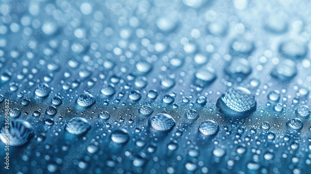 Crystal-clear water droplets clinging to a cool blue surface, generative ai Crystal-clear water droplets clinging to a cool blue surface, generative ai