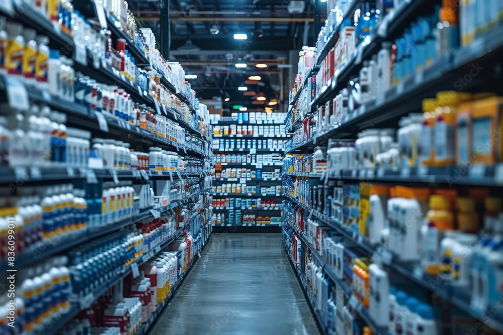 A perspective view of a pharmacy warehouse with shelves stocked with various medications A perspective view of a pharmacy warehouse with shelves stocked with various medications