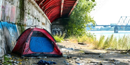 Homeless man deceived by fraudsters living sadly under bridge in tent. Concept Homelessness, Deception, Fraud, Sadness, Survival