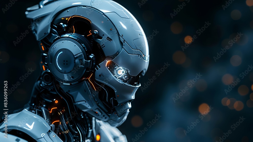 Close-up of a futuristic robot's head, with intricate details and a glowing eye. Close-up of a futuristic robot's head, with intricate details and a glowing eye.