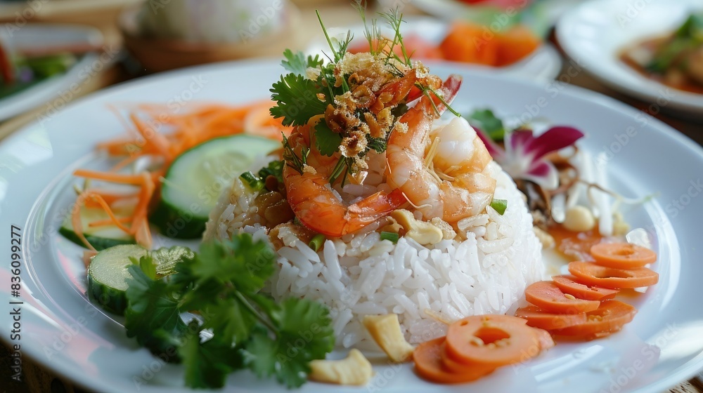 A beautifully plated with shrimp paste rice, fresh vegetables, and crispy shallots. A beautifully plated with shrimp paste rice, fresh vegetables, and crispy shallots.