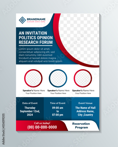 Election Campaign Flyer Template, Political Banner design, Vote poster vector illustration. example of headline is an invitation politics opinion research forum. space for photo. vertical layuot.