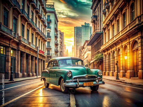 Vintage car in a street with sunset